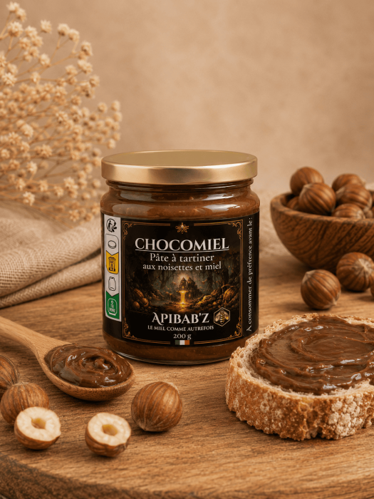pot de chocomiel avec cuillère en bois et tartine