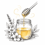pot de miel fleur et cuillère en bois